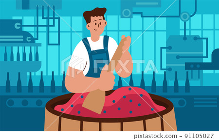 Wine factory production and process fermenting aging or tasting bottler. Made vineyard bottle flat vector illustration. Press vine grape and farmer expert to winemaking. Industrial machine viticulture Wine factory production and process fermenting aging or tasting bottler. Made vineyard bottle flat vector illustration. Press vine grape and farmer expert to winemaking. Industrial machine viticulture 91105027