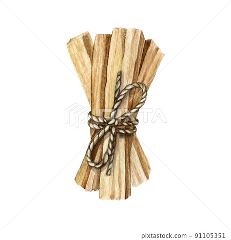 Palo santo stick bunch. Watercolor illustration. Hand drawn wooden aromatic sticks. Palo santo spiritual holy Bulnesia sarmientoi tree element for meditation, healing, relax, wellness 91105351