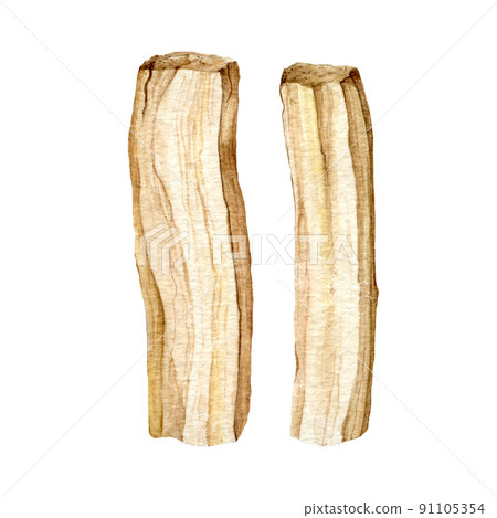 Palo santo sticks watercolor illustration. Hand drawn wooden aromatic stick element. Palo santo spiritual holy Bulnesia sarmientoi tree part for meditation, healing, relax 91105354