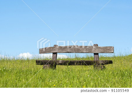 Empty bench in natural green untrimmed grass field Empty bench in natural green untrimmed grass field 91105549