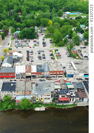 Aerial vertical view of Paris, Ontario, Canada on a spring morning 91107223