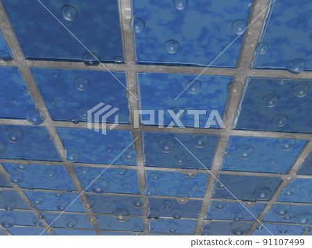 3D illustration of water drops on a wall of blue tiles. Countless water droplets. Condensed wall. 91107499