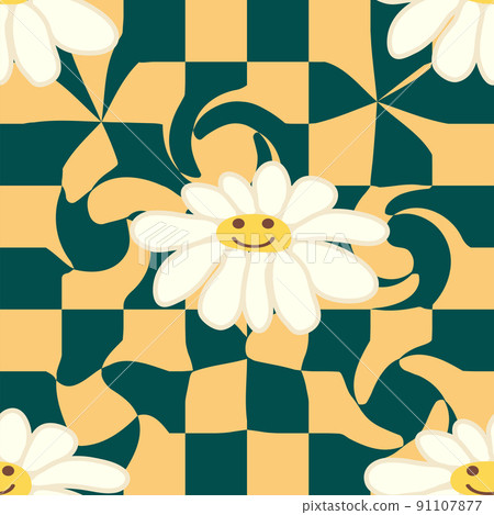 Retro Smile Chamomile Seamless Pattern on 1970 Wavy Swirl Seamless Pattern. Hippie Aesthetic. Retro Smile Chamomile Seamless Pattern on 1970 Wavy Swirl Seamless Pattern. Hippie Aesthetic. 91107877