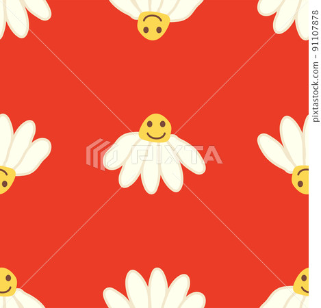 Chamomile smile 1970 pattern. Groovy daisy retro seamless pattern 91107878