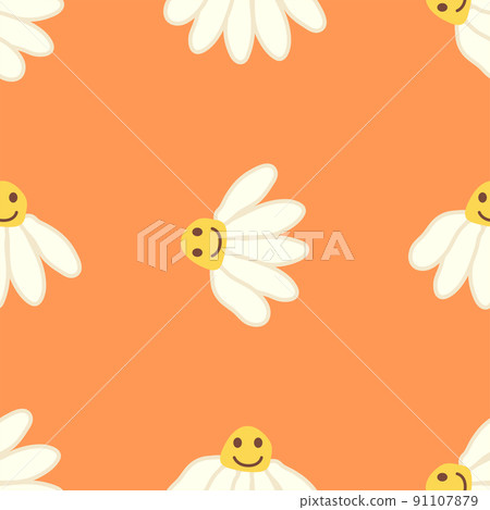 Chamomile smile 1970 pattern. Groovy daisy retro seamless pattern Chamomile smile 1970 pattern. Groovy daisy retro seamless pattern 91107879