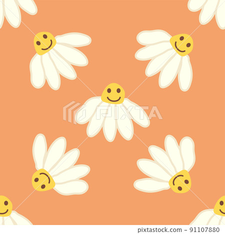 Chamomile smile 1970 pattern. Groovy daisy retro seamless pattern Chamomile smile 1970 pattern. Groovy daisy retro seamless pattern 91107880