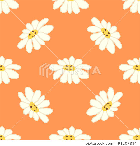 Groovy daisy retro seamless pattern. Positive colorful iilustration. 70s vibe hippie ornament. 91107884