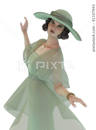 3D Woman in retro green gown and hat 3D Woman in retro green gown and hat 91107943