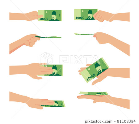 Korean money 10,000 won, illustration of various hands holding money 91108384