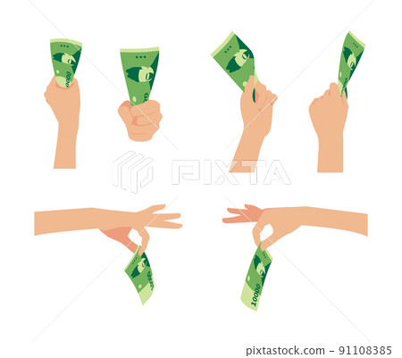 Korean money 10,000 won, illustration of various hands holding money 91108385