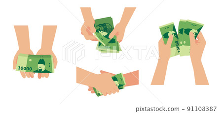 Korean money 10,000 won, illustration of various hands holding money 91108387