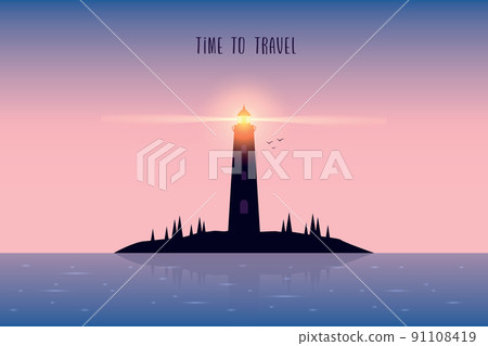 lighthouse silhouette seascape at beautiful purple sunrise lighthouse silhouette seascape at beautiful purple sunrise 91108419