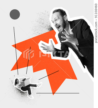 Contemporary art collage. Conceptual image. Businessman shouting at falling woman, firing employee. 91108460