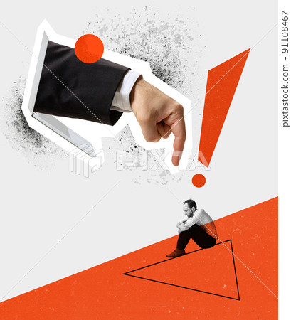 Contemporary art collage. Conceptual image. Businessman's hand sticking out laptop screen and pointing at desperate employee. Claiming at mistakes Contemporary art collage. Conceptual image. Businessman's hand sticking out laptop screen and pointing at desperate employee. Claiming at mistakes 91108467