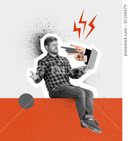 Contemporary art collage. Conceptual image. Male hand, businessman sticking out laptop screen and pointing at frustrated employee Contemporary art collage. Conceptual image. Male hand, businessman sticking out laptop screen and pointing at frustrated employee 91108475