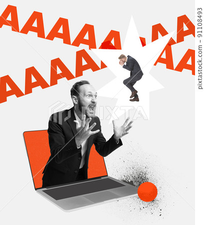 Contemporary art collage. Conceptual image. Angry businessman sticking out laptop screen and shouting. Employee feeling stressful 91108493