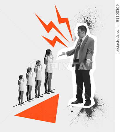 Contemporary art collage. Conceptual image with businessman and employee. Giving no answer. Management control of fulfilling work 91108509