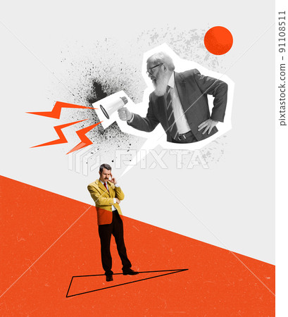 Contemporary art collage. Conceptual image. Senior businessman shouting in megaphone with anger at man, employee 91108511