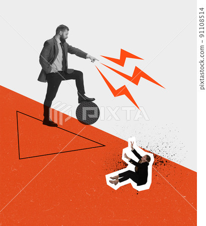 Contemporary art collage. Conceptual image. Businessman pointing at falling woman, firing employee 91108514