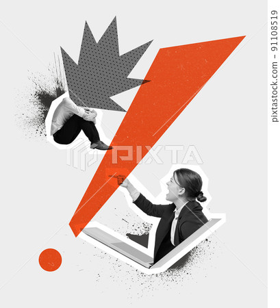 Contemporary art collage. Conceptual image with young woman, manager sticking out laptop screen and shouting at desperate employee Contemporary art collage. Conceptual image with young woman, manager sticking out laptop screen and shouting at desperate employee 91108519