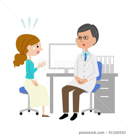 A young woman talking anxiety to a male doctor in the doctor's office 91108591
