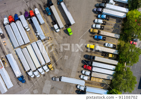 A top view of a truck stop on the highway at the rest area A top view of a truck stop on the highway at the rest area 91108702