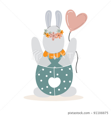 Cute gray rabbit holding a air balloon.Vector illustration 91108875