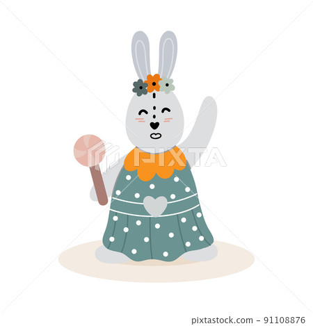 Rabbit girl with a lollipop flaps her paw. . vector illustration  91108876