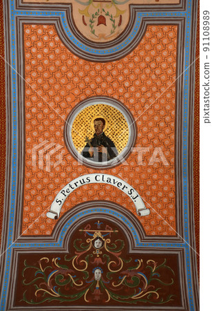 Saint Peter Klaver, fresco on the ceiling of the church of St. Aloysius in Travnik, Bosnia and Herzegovina 91108989
