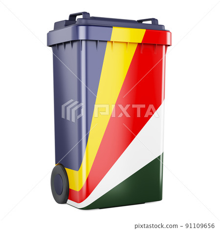 Waste container with Seychelloise flag, 3D rendering Waste container with Seychelloise flag, 3D rendering 91109656