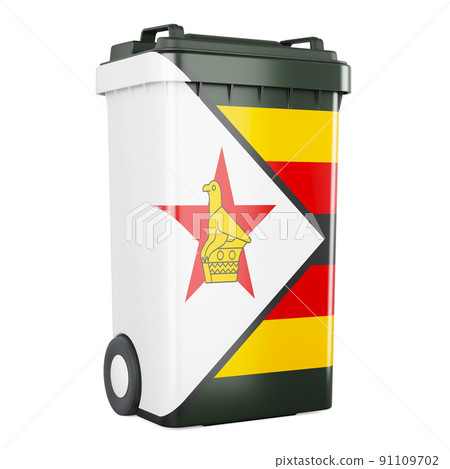 Waste container with Zimbabwean flag, 3D rendering Waste container with Zimbabwean flag, 3D rendering 91109702