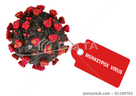 Monkeypox virus with tag, 3D rendering Monkeypox virus with tag, 3D rendering 91109703