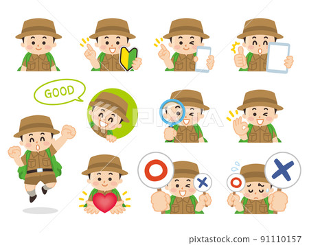 Boy variation of the expedition, beginner mark, smartphone, tablet, magnifying glass, heart, correct answer, incorrect answer 91110157