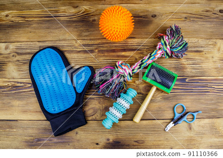 Toys and accessories for dogs on wooden background. Top view. Pet care concept Toys and accessories for dogs on wooden background. Top view. Pet care concept 91110366