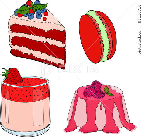 Delicious sweets and desserts. Hand drawn colorful illustration of traditional desserts 91110716