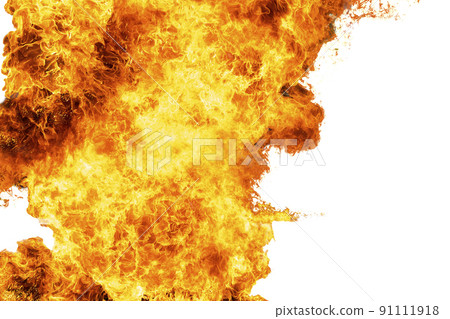 Flames caused by the explosion of the oil. Demonstration of water on oil fire isolated on white background. 91111918