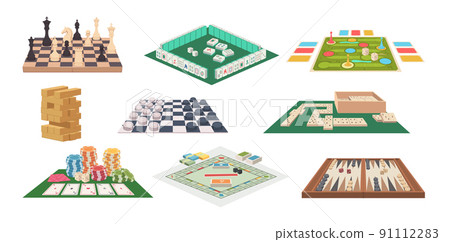 Board games. Family playful occupation domino cards mahjong chess exact vector illustrations in cartoon style 91112283