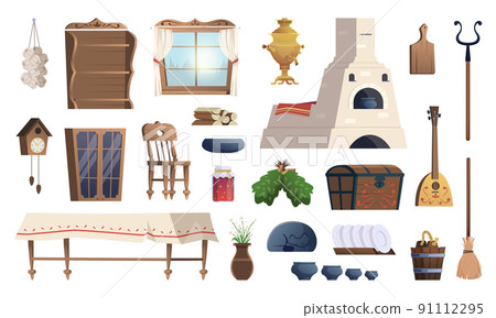 Russian interior. Old furniture for traditional slavonian house brick stove exact vector illustration in cartoon style Russian interior. Old furniture for traditional slavonian house brick stove exact vector illustration in cartoon style 91112295