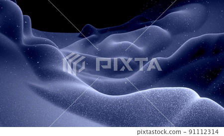 3d render. Stylish festive black bg. Fantastical abstract background, waves on matte surface like landscape made of liquid blue wax with sparkles. Beautiful soft background 91112314