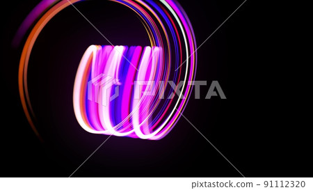 Motion graphics, sci-fi bg. Stream of multicolor neon lines form spiral shape, curls and pattern. Abstract background with light trails, Modern trendy motion design bg. Light flow bg. 3d render 91112320