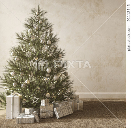 Christmas tree with toys and gifts decorate modern interior scandinavian style. Empty stucco wall mock up. 3d render illustration. Christmas tree with toys and gifts decorate modern interior scandinavian style. Empty stucco wall mock up. 3d render illustration. 91112543