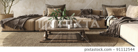Scandinavian farmhouse style beige living room interior with natural wooden furniture. Web banner. 3d rendering illustration background. Scandinavian farmhouse style beige living room interior with natural wooden furniture. Web banner. 3d rendering illustration background. 91112544