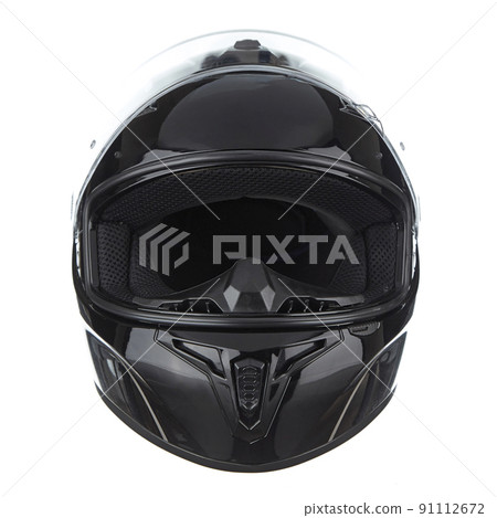 Modern motorcycle helmet made of black glossy carbon fiber, with neck fixation and adjustable air intakes, with a open glass, isolated on a white background. Front view. Modern motorcycle helmet made of black glossy carbon fiber, with neck fixation and adjustable air intakes, with a open glass, isolated on a white background. Front view. 91112672