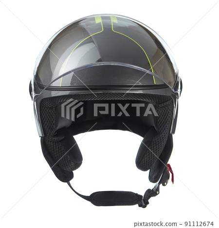 Modern motorcycle helmet made of gray glossy carbon fiber, with a open glass, isolated on a white background. Front view. 91112674