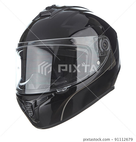 Modern motorcycle helmet made of black glossy carbon fiber, with neck fixation and adjustable air intakes, with a closed glass, isolated on a white background. 91112679