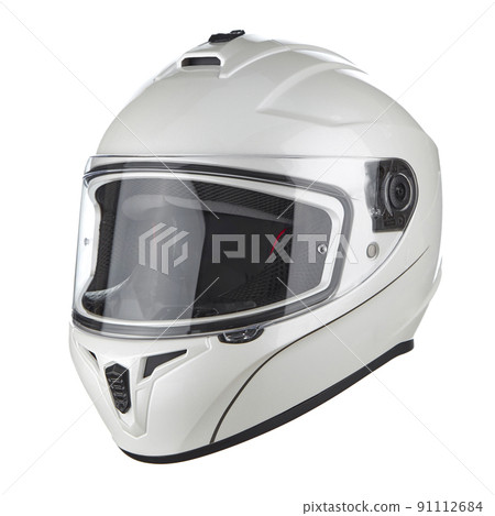 Modern motorcycle helmet made of white glossy carbon fiber, with neck fixation and adjustable air intakes, with a closed glass, isolated on a white background. 91112684