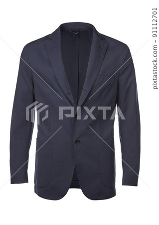 Lightweight men's single-breasted jacket made of blue fabric, unlined, with patch pockets, buttoned, isolated on a white background on an invisible mannequin. Lightweight men's single-breasted jacket made of blue fabric, unlined, with patch pockets, buttoned, isolated on a white background on an invisible mannequin. 91112701