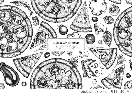 Pizza seamless pattern background design. Engraved style. Hand drawn greek, margherita, pepperoni, veggie, ham and mushrooms and seafood pizzas. 91113039