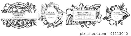 Pizza hand drawn frame templates. Vintage illustrations of greek, margherita, pepperoni, veggie, ham and mushrooms and seafood pizzas. 91113040