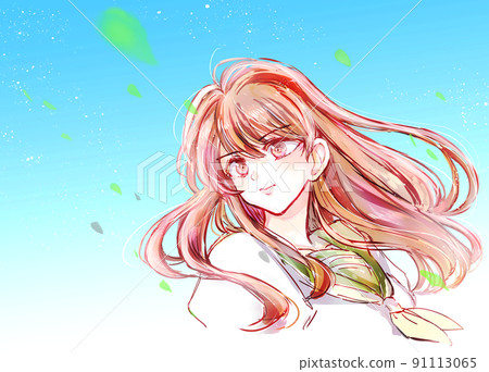 Female student looking forward, blue sky, fresh green 91113065